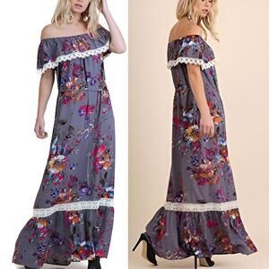Pink Blush Resortwear Vacay Boho Lace Crochet Off Shoulder Floral Maxi Dress S‎